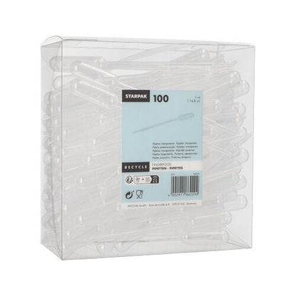 Uma caixa transparente com 100 pipetas Starpak PE transparentes para dosagem precisa de líquidos. O rótulo mostra a marca "Starpak", informações do produto, um código de barras e símbolos de reciclagem.
