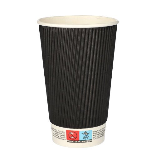 Um copo Starpak 25 preto "To Go" Ripple Wall com interior branco e fundo branco, com símbolos impressos e avisos no fundo, é retratado contra um fundo branco simples.