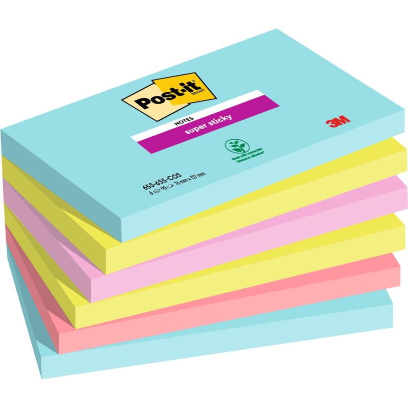 Na imagem, há um conjunto de seis Post-it® Super Sticky Notes (76 mm x 127 mm, 90 folhas/bloco, 100% PEFC) da 3M Deutschland GmbH nas cores azul, rosa e amarelo com a marca visível no bloco superior.