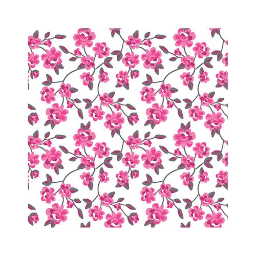 Os PAPSTAR 20 guardanapos (25x25 cm, 3 camadas, 1/4 de dobra) da PAPSTAR GmbH apresentam um padrão floral rosa repetido com folhas verde-acinzentadas sobre fundo branco - ideal para uma decoração de mesa elegante ou uso elegante de guardanapos.
