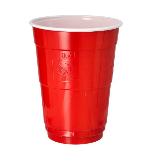 Um Starpak 10 copo de cerveja (0,4 l, 9,5 cm Ø, 12 cm) em vermelho com interior branco está em pé sobre uma superfície branca. O copo tem uma forma cônica e ranhuras horizontais na base; ideal para festas e eventos.