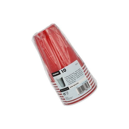 O conjunto de copos de cerveja Starpak 10 (PS, 0,4 l, Ø9,5 cm/12 cm, vermelho/branco) inclui 10 copos de plástico vermelhos para festas e eventos, embalados em filme transparente com etiqueta branca com informações do produto e código de barras.