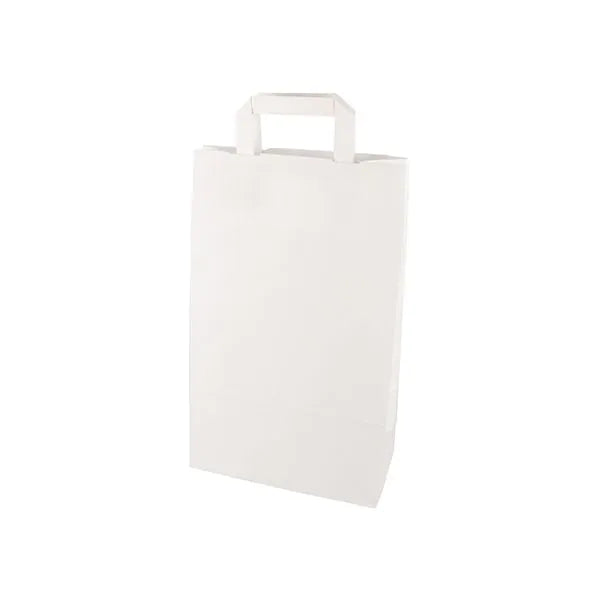 As PAPSTAR 50 sacolas da PAPSTAR GmbH são sacos de papel branco com fundos planos e alças, que ficam em pé em um fundo branco - uma sacola ecológica para uso diário.