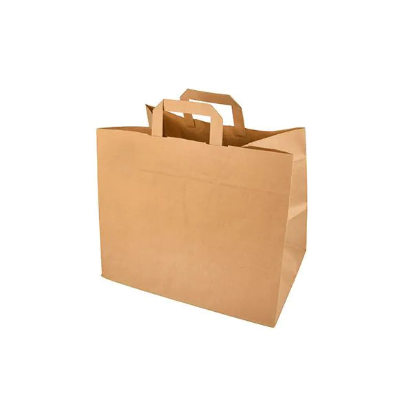 A PAPSTAR 50 sacolas, papel com alça da PAPSTAR GmbH está vazia em um fundo branco. A sacola marrom com fundo largo e plano destaca seu design ecológico.