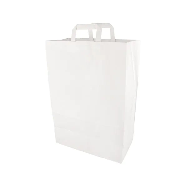 As PAPSTAR 50 sacolas da PAPSTAR GmbH são sacos de papel brancos com alças, retratados verticalmente em um fundo branco - uma escolha ecológica ideal para suas compras.