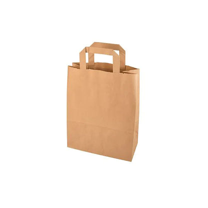 As PAPSTAR 50 sacolas de papel com alça da PAPSTAR GmbH estão em pé em um fundo branco; ecológicas, marrons e com alça retangular plana.