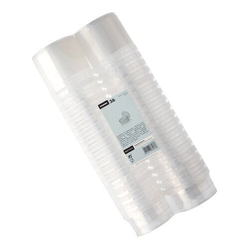 Um pacote com 36 copos Starpak-Deli feitos de polipropileno transparente (240 ml, Ø 9,5 cm, 5,6 cm) com tampa à prova de violação, embrulhado em filme retrátil e etiquetado no meio.