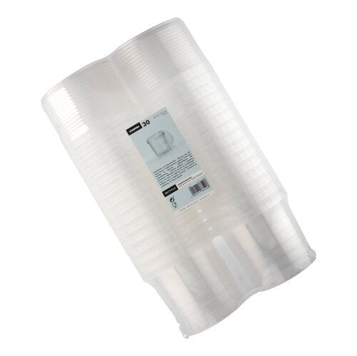 Um pacote com 30 copos descartáveis transparentes Starpak 770 ml (Ø 11,8 cm, H 11,3 cm, PP) com fecho de originalidade, embalados em película retrátil e rotulados com informações do produto e código de barras.