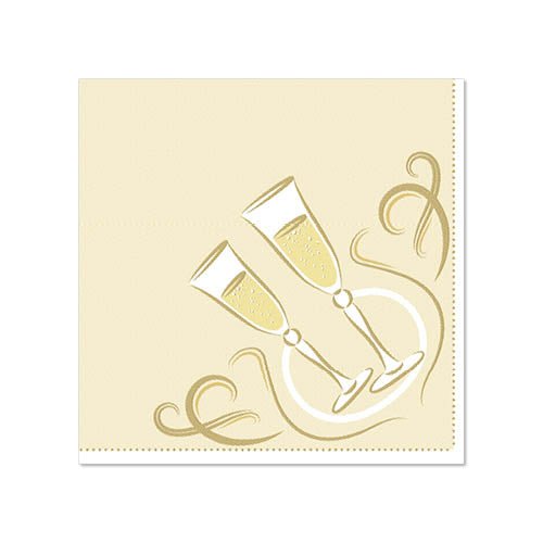 Ilustração de duas taças de champanhe com bolhas sobre um fundo bege com detalhes dourados. Ideal para PAPSTAR 20 guardanapos "ROYAL Collection" 1/4-dobra, 25 cm x 25 cm da PAPSTAR GmbH.