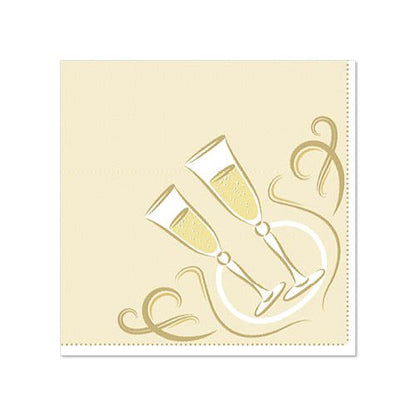 Ilustração de duas taças de champanhe com bolhas sobre um fundo bege com detalhes dourados. Ideal para PAPSTAR 20 guardanapos "ROYAL Collection" 1/4-dobra, 25 cm x 25 cm da PAPSTAR GmbH.