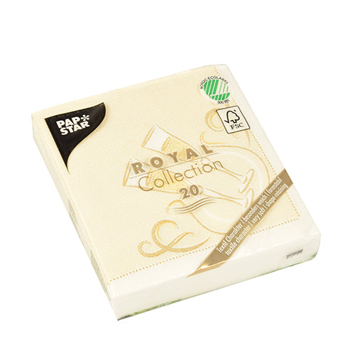 Eine Packung mit 20 PAPSTAR Servietten "ROYAL Collection" 1/4-Falz, creme, 25x25 cm, FSC-zertifiziert mit goldenem Design auf der Verpackung, von der PAPSTAR GmbH.