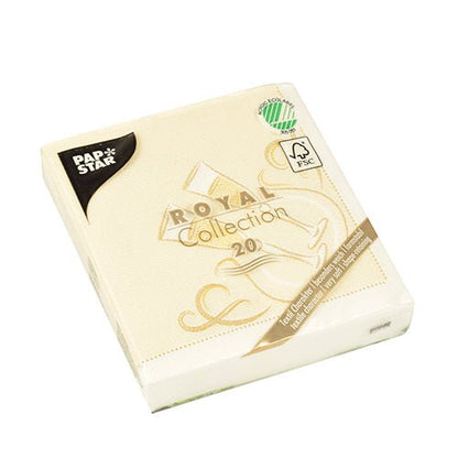 Um pacote com 20 guardanapos PAPSTAR "ROYAL Collection" 1/4-dobra, creme, 25x25 cm, certificado FSC com design dourado na embalagem, da PAPSTAR GmbH.