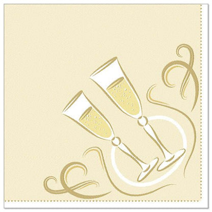 Os guardanapos "ROYAL Collection" 1/4-Fold 40x40 cm da PAPSTAR GmbH 20 guardanapos mostram duas taças de champanhe tilintando com conteúdo amarelo e espiral dourada - ideal para uma decoração de mesa estilosa.
