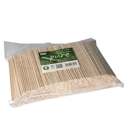 Uma embalagem de plástico transparente contém 1.000 varas de madeira PAPSTAR GmbH "pure" (Ø 3 mm, 15 cm), varas de madeira versáteis. Ideal para trabalhos manuais, com etiqueta frontal verde e branca para informações do produto.
