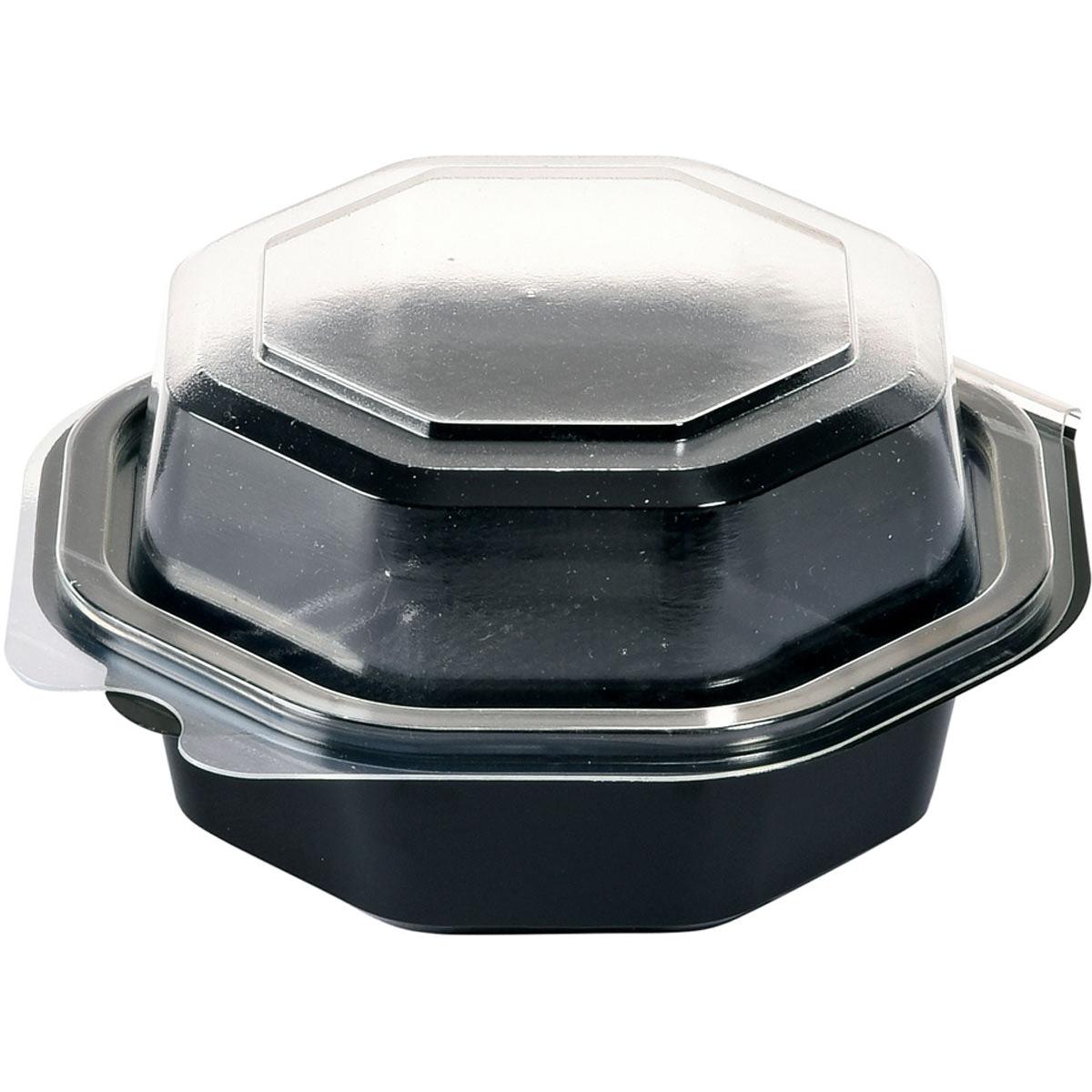 O recipiente para comida para viagem Octaview® Preto/Transparente PS 118x118x60 da Duni GmbH com base preta e tampa hexagonal transparente é ideal para o transporte seguro de refeições e catering. Embalagem: 375 unidades.