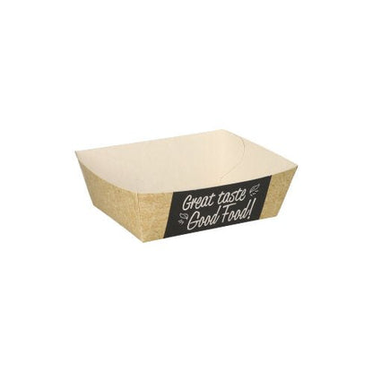 Uma embalagem marrom PAPSTAR 50 de batatas fritas "pure" (3,5 cm x 7 cm) da PAPSTAR GmbH está equipada com uma etiqueta lateral no estilo quadro-negro, onde está escrito "Good Food!". A embalagem vazia é ilustrada sobre um fundo branco simples.