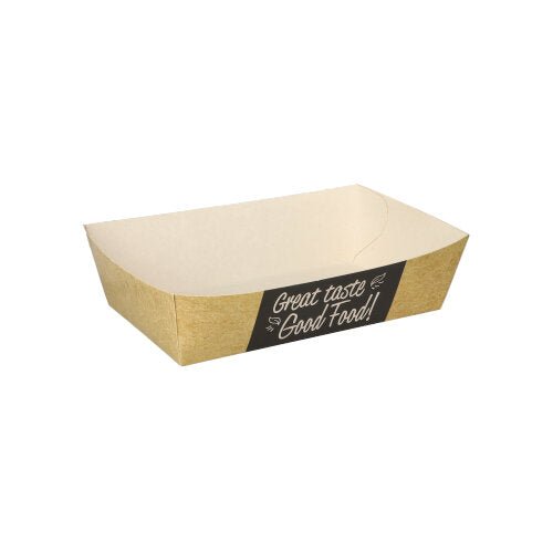 Uma embalagem retangular, biodegradável PAPSTAR 50 de batatas fritas "pure" (3,5 x 7 cm) com laterais curtas e etiqueta preta "Good Food" está vazia sobre fundo branco. Marca: PAPSTAR GmbH.
