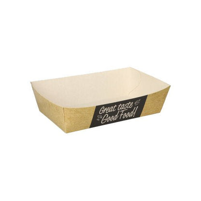 Uma embalagem retangular, biodegradável PAPSTAR 50 de batatas fritas "pure" (3,5 x 7 cm) com laterais curtas e etiqueta preta "Good Food" está vazia sobre fundo branco. Marca: PAPSTAR GmbH.