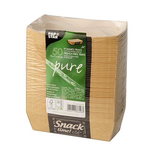 Uma pilha de 50 embalagens de batatas fritas "pure" (3,5 x 7 cm) da PAPSTAR GmbH, marcadas com "Good Food", feitas de matérias-primas renováveis, biodegradáveis, ecológicas - ideal para servir batatas fritas.