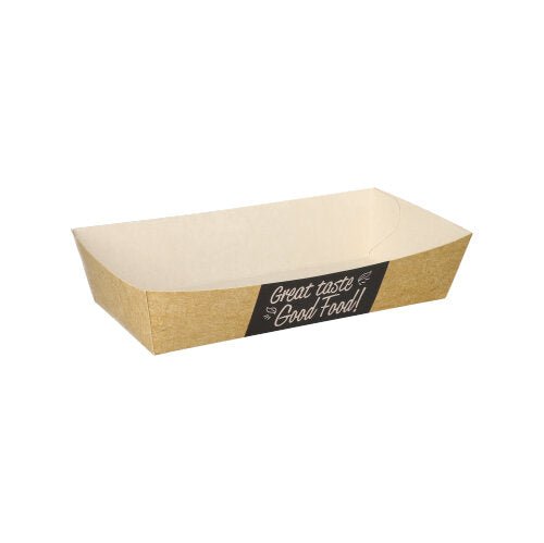 Uma embalagem retangular, marrom PAPSTAR "pure" de batatas fritas (3,5 x 7 cm) com etiqueta preta "Good Food" está vazia sobre fundo branco. Ecológica e ideal para batatas fritas, vem em embalagem de 50 unidades da PAPSTAR GmbH.