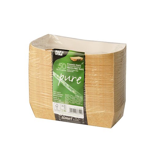 Um conjunto de 50 PAPSTAR embalagens "pure" Good Food de batatas fritas (3,5 x 7 cm) da PAPSTAR GmbH está envolto em filme plástico e possui uma etiqueta com marca, detalhes do produto, dimensões e símbolos ambientais.