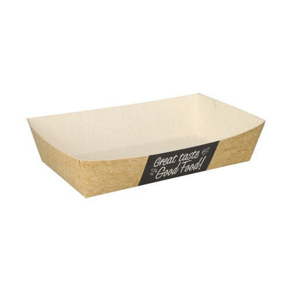 A embalagem de batatas fritas "pure" (3,5 x 7 cm) da PAPSTAR GmbH é uma embalagem ecológica retangular, marrom-branca, com laterais chanfradas e etiqueta preta "Good Food", vazia sobre fundo branco. Disponível em embalagens de 50 unidades.