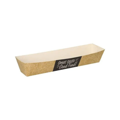 Uma bandeja retangular castanho-branca PAPSTAR "pure" de cartão com "Good Food!" na lateral, vazia sobre um fundo branco - uma solução ecológica da PAPSTAR GmbH.
