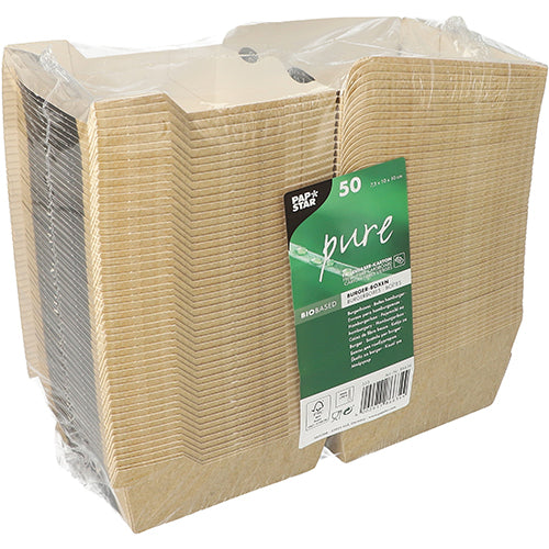 Uma pilha de 50 caixas de hambúrguer retangulares marrons PAPSTAR "pure" da PAPSTAR GmbH, ideal como embalagem sustentável, é embalada em plástico transparente com uma etiqueta verde com informações de produto e reciclagem.