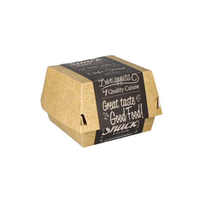 Uma caixa de hambúrguer marrom fechada PAPSTAR 50 unidades de papelão "pure" Good Food da PAPSTAR GmbH, com etiqueta preta com "Bom Apetite! Cozinha de Qualidade, Bom Sabor Good Food! Snack", está centralizada sobre fundo branco.