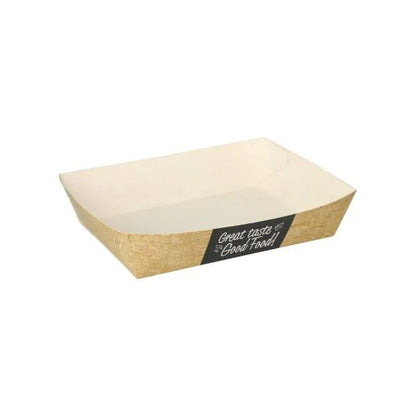 As PAPSTAR 50 bandejas de snacks "pure" da PAPSTAR GmbH são bandejas retangulares descartáveis de cartão com exterior castanho, interior branco e a inscrição "Great taste & Good food!" em letras brancas. Esta bandeja sustentável está vazia.