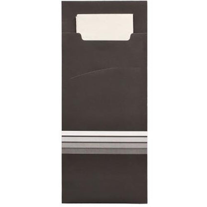 Os PAPSTAR 520 porta-talheres da PAPSTAR GmbH são capas de papel pretas (20 x 8,5 cm) com três listras brancas/cinzas na parte inferior e um guardanapo branco correspondente, que é parcialmente visível na parte superior.