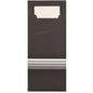 Os PAPSTAR 520 porta-talheres da PAPSTAR GmbH são capas de papel pretas (20 x 8,5 cm) com três listras brancas/cinzas na parte inferior e um guardanapo branco correspondente, que é parcialmente visível na parte superior.