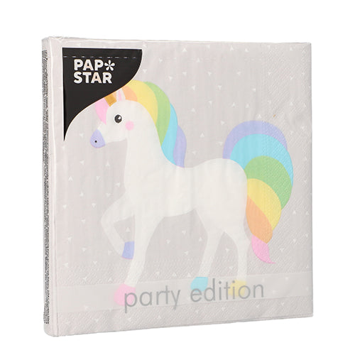 Eine Packung PAPSTAR GmbH 20 Servietten, 33 cm x 33 cm, 3-lagig, mit einem Cartoon-Einhorn und Regenbogenmähne auf hellgrau. Auf der Verpackung steht "PAPSTAR" und "party edition".