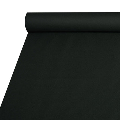 Um close-up da toalha de mesa Starpak, semelhante a tecido, Airlaid (20 m x 1,2 m) em preto, parcialmente desenrolada em uma superfície plana. A toalha de mesa parece lisa, opaca e tem uma aparência semelhante a tecido sem padrões visíveis.