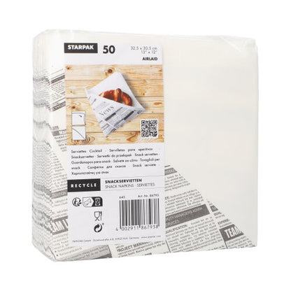 Um pacote com 50 guardanapos Starpak Airlaid (32,5 x 30,5 cm, branco, design de impressão de jornal), semelhante a tecido com 1/4-dobra, em saco plástico. Inclui símbolos de reciclagem e detalhes do produto no rótulo.