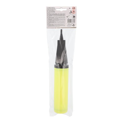 A bomba PAPSTAR para balões de folha da PAPSTAR GmbH é uma bomba manual amarela (28x4,5 cm) que é perfeita como acessório de festa. Está equipada com um bico preto e embalada em um saco transparente com uma etiqueta na parte superior que contém informações sobre o produto e avisos de segurança.