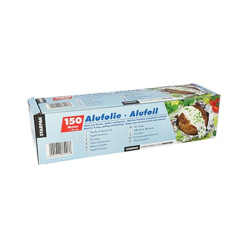 Folha de alumínio Starpak em caixa dobrável: caixa retangular azul-clara com a inscrição "Alufolie · Alufoil", 150 m de comprimento, com imagens de alimentos que mostram a versátil folha de alumínio Starpak para uso na cozinha.