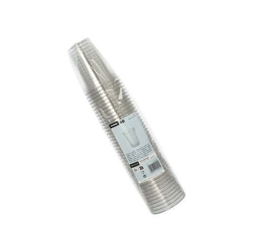 Um pacote com 40 copos transparentes Starpak Hurricane PET 0,2 l (Ø 7,8 cm x 9,7 cm) está envolto em filme plástico e tem no meio uma etiqueta branca com detalhes do produto.