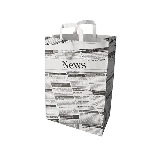 As PAPSTAR 50 sacolas da PAPSTAR GmbH são sacolas de papel com alças, apresentando uma impressão de jornal em preto e branco e a inscrição "News" na parte superior - ideal como uma sacola ecológica para transporte estiloso e ecológico.