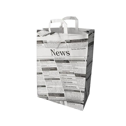 As PAPSTAR 50 sacolas da PAPSTAR GmbH são sacolas de papel com alças, apresentando uma impressão de jornal em preto e branco e a inscrição "News" na parte superior - ideal como uma sacola ecológica para transporte estiloso e ecológico.