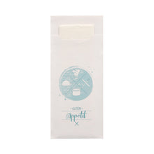 Os 520 porta-talheres (20 x 8,5 cm) da PAPSTAR GmbH são fornecidos com um guardanapo de 2 camadas correspondente (33 x 33 cm). A capa branca possui um motivo circular azul claro com alimentos e talheres, bem como a inscrição "Bom Apetite", sendo que o guardanapo no interior é parcialmente visível.