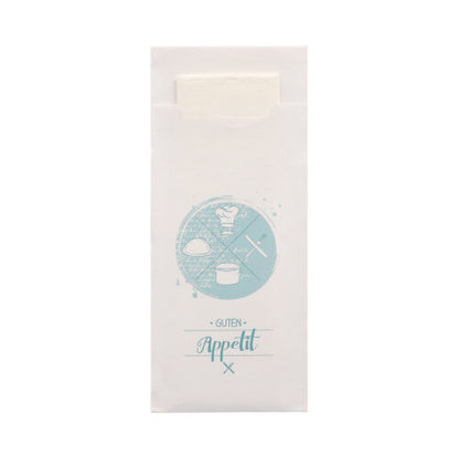 Os 520 porta-talheres (20 x 8,5 cm) da PAPSTAR GmbH são fornecidos com um guardanapo de 2 camadas correspondente (33 x 33 cm). A capa branca possui um motivo circular azul claro com alimentos e talheres, bem como a inscrição "Bom Apetite", sendo que o guardanapo no interior é parcialmente visível.