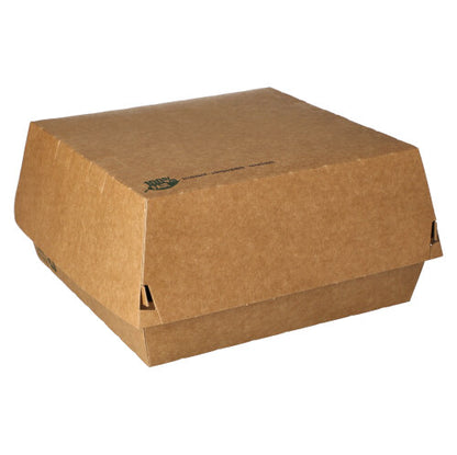 As caixas de hambúrguer PAPSTAR feitas de papelão marrom (9x18,5x18,5 cm), "100% Justo", 25 unidades - práticas e ecológicas da PAPSTAR GmbH - estão com tampa dobrável em fundo branco, ideal para levar.