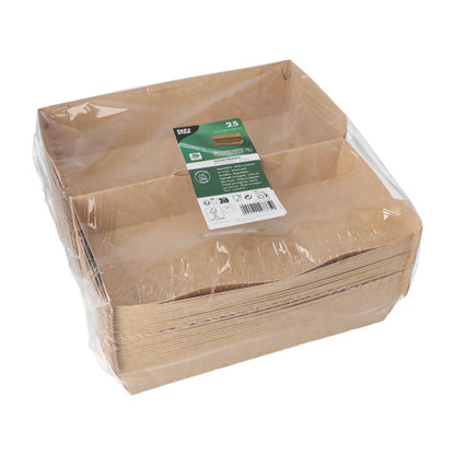 Um conjunto de caixas de baguete castanhas PAPSTAR "pure" (7,5 x 10,7 x 22 cm) da PAPSTAR GmbH está embalado em plástico transparente; a etiqueta superior para 25 bandejas exibe uma marca verde e branca, símbolos de reciclagem e a mensagem ecológica "100% Justo | Filme".