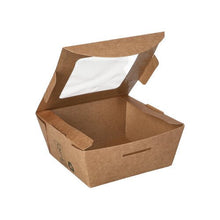As 40 caixas de iguarias "pure" da PAPSTAR GmbH são caixas retangulares de papelão marrom com janela de PLA, abertas e vazias, retratadas sobre um fundo branco.