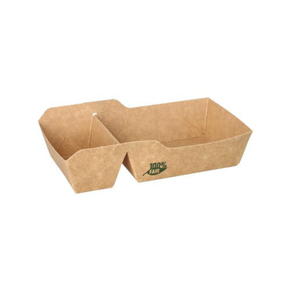 Uma bandeja de batatas fritas retangular marrom PAPSTAR 80 "puro" de papel com dois compartimentos e "100% Justo" em verde da PAPSTAR GmbH está vazia e exibida em fundo branco.