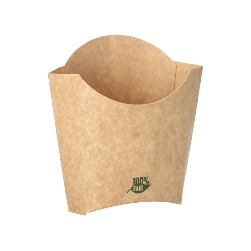 A embalagem de batatas fritas PAPSTAR (11x11,5 cm) em castanho, feita de cartão sustentável com "100% Justo" em verde na frente, é perfeita para restaurantes de fast-food. Embalagem com 80 unidades da PAPSTAR GmbH.