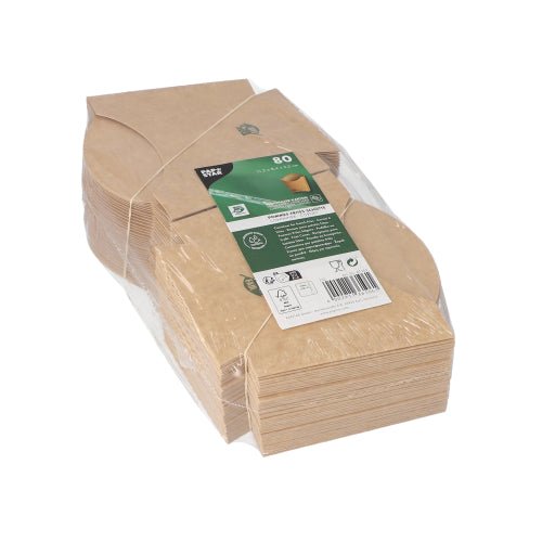 PAPSTAR embalagem de batatas fritas (80 unidades), castanha, 11x11,5 cm, feita de cartão 100% justo da PAPSTAR GmbH, embalado em película transparente. Inclui etiqueta verde e branca com informações do produto - ideal para restaurantes de fast-food.