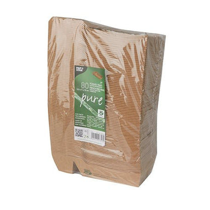 Uma pilha de bandejas de batatas fritas PAPSTAR 80 "puro" (2-dividido, marrom, 100% Justo) da PAPSTAR GmbH, embaladas em filme transparente com etiqueta frontal com informações do produto e símbolos ambientais.