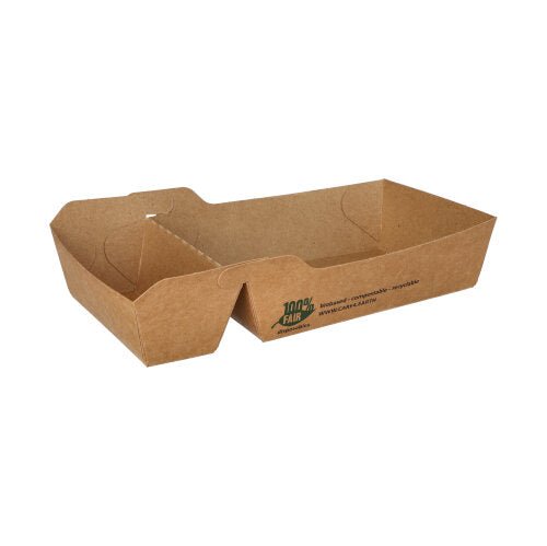 As 80 bandejas de batatas fritas PAPSTAR (papel "puro" 2-dividido, marrom) da PAPSTAR GmbH são bandejas retangulares marrons com divisória, lados inclinados, borda elevada e aviso ecológico lateral "100% Justo" feito de material reciclado.